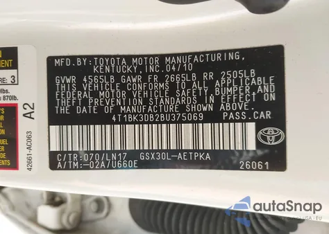 2011 Toyota Avalon Limited from USA, damaged, VIN 4T1BK3DB2BU375069